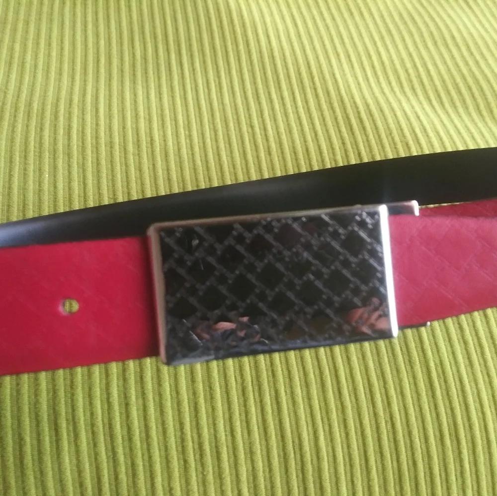 Tumi Reversible Red and Black Leather Belt with Silver Buckle